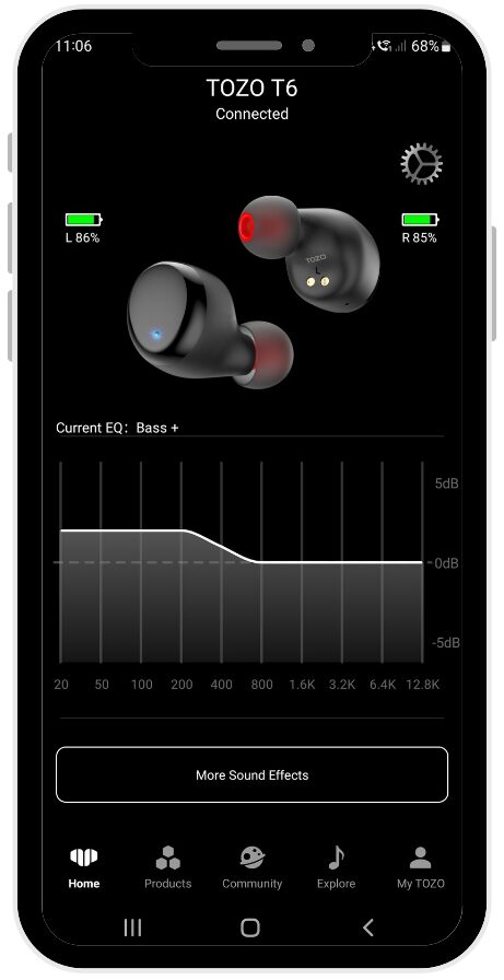 TOZO T6 Wireless Earbuds Image shows a screenshot from the TOZO app.