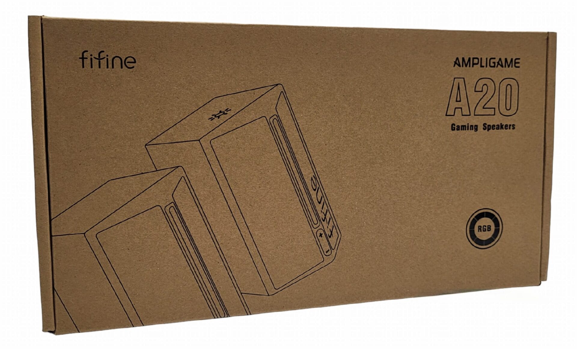 FIFINE Ampligame A20 Gaming Speakers Image shows the outer packaging for the FIFINE Ampligame A20 Gaming Speakers.
