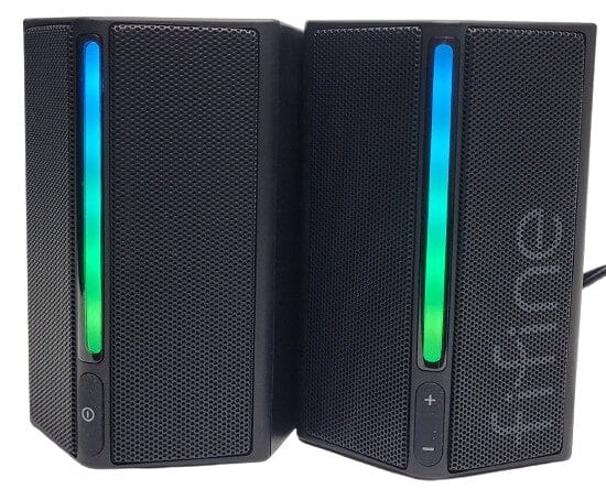 FIFINE Ampligame A20 Gaming Speakers Image shows the left and right control buttons. The speakers are also lit up.