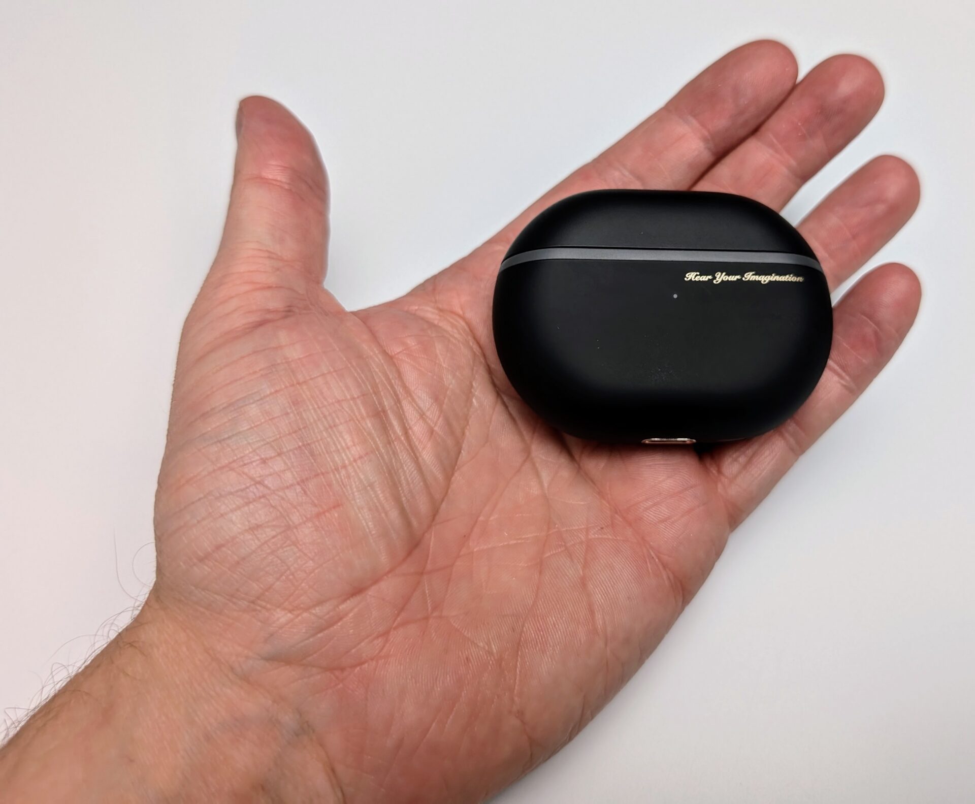 Image shows myself holding the charging case in my left hand.