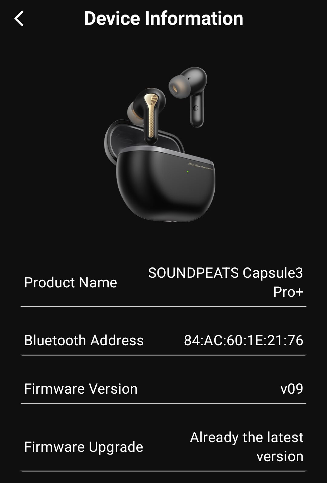 Image shows a screenshot for the firmware for the SoundPEATS Capsule3 Pro+.