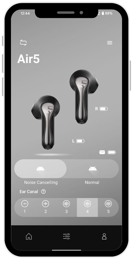 SoundPEATS Air5 Earbuds Image of a smartphone screen displaying the SoundPEATS Air5 app interface. The screen shows the model name 'Air5' at the top. Below it, there are two images of the earbuds labeled 'L' for left and 'R' for right, each with a battery icon indicating their charge level. Underneath the earbuds, there are two options for sound modes: 'Noise Cancelling' on the left and 'Normal' on the right, with 'Noise Cancelling' currently selected. Below these options, there are five levels of ear canal settings represented by icons with different numbers of sound waves, with level 4 highlighted. At the bottom of the screen, there are three icons: a home icon, a settings icon, and a user profile icon.