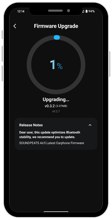 SoundPEATS Air5 Earbuds Image of a smartphone screen showing the firmware upgrade process for SoundPEATS Air5 earbuds. The screen displays 'Firmware Upgrade' at the top. Below this, there is a circular progress indicator showing '1%' completion with a blue dot indicating the progress. The text 'Upgrading...' is shown, followed by 'v0.3.2 (3.07MB)' indicating the current firmware version, and 'v0.2.7' indicating the version being upgraded from. At the bottom, there is a section titled 'Release Notes' with a message: 'Dear user, this update optimizes Bluetooth stability, we recommend you to update.' Below this, it mentions 'SOUNDPEATS Air5 Latest Earphone Firmware'.