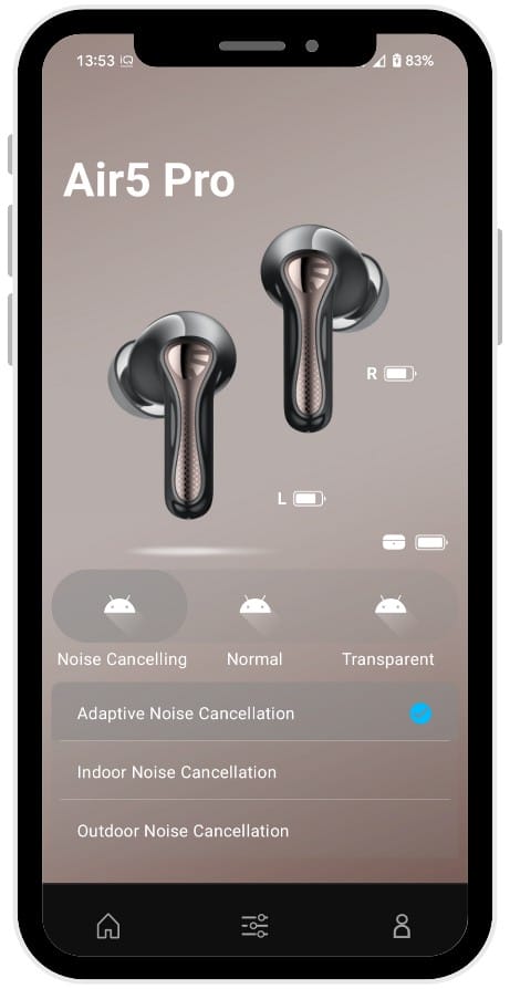 Alt text: Image of a smartphone screen displaying the SoundPEATS Air5 Pro app interface. The screen shows two black earbuds with metallic accents labeled "L" and "R" with battery icons. The time is 13:53, and the battery level is 83%. The app offers noise cancellation options: Adaptive Noise Cancellation (selected), Indoor Noise Cancellation, and Outdoor Noise Cancellation, with Normal and Transparent modes also available. Navigation icons are visible at the bottom.