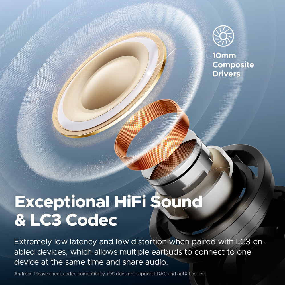 Alt text: Image showcasing the internal design of the SoundPEATS Air5 Pro earbuds, highlighting a 10mm composite driver with a cutaway view of the speaker components, including a copper coil and diaphragm. The background features a blue wave pattern, and text emphasizes "Exceptional HiFi Sound & LC3 Codec," noting extremely low latency and distortion when paired with LC3-enabled devices, with multi-device connectivity and audio sharing. A note mentions codec compatibility for Android, with iOS not supporting LDAC and aptX Lossless.