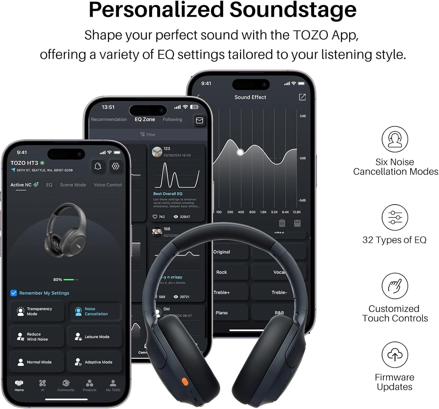 Image shows the headphones against the TOZO app