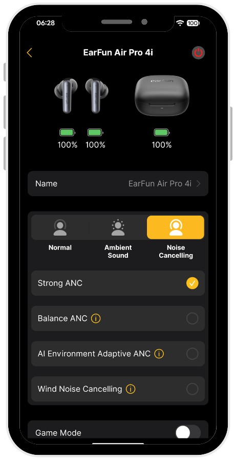 Screenshot of the EarFun companion app on a smartphone displaying the EarFun Air Pro 4i control interface in dark mode. At the top, illustrations show both earbuds and the charging case with 100% battery. The Noise Cancelling mode is selected (highlighted in yellow), with 'Strong ANC' currently active. Other visible options include Ambient Sound, Balance ANC, AI Environment Adaptive ANC, Wind Noise Cancelling, and a Game Mode toggle.