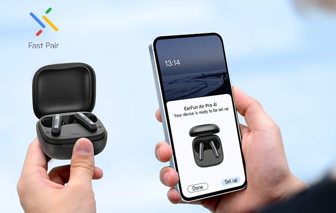 Promotional image showing the EarFun Air Pro 4i earbuds in use with Fast Pair. On the left, a pair of hands holds an open black charging case containing the two glossy black earbuds. On the right, another pair of hands holds a smartphone displaying the Google Fast Pair setup screen for 'EarFun Air Pro 4i' with the message 'Your device is ready to be set up' and options to 'Done' or 'Set up'. The Google Fast Pair logo is visible in the top left against a bright outdoor background.