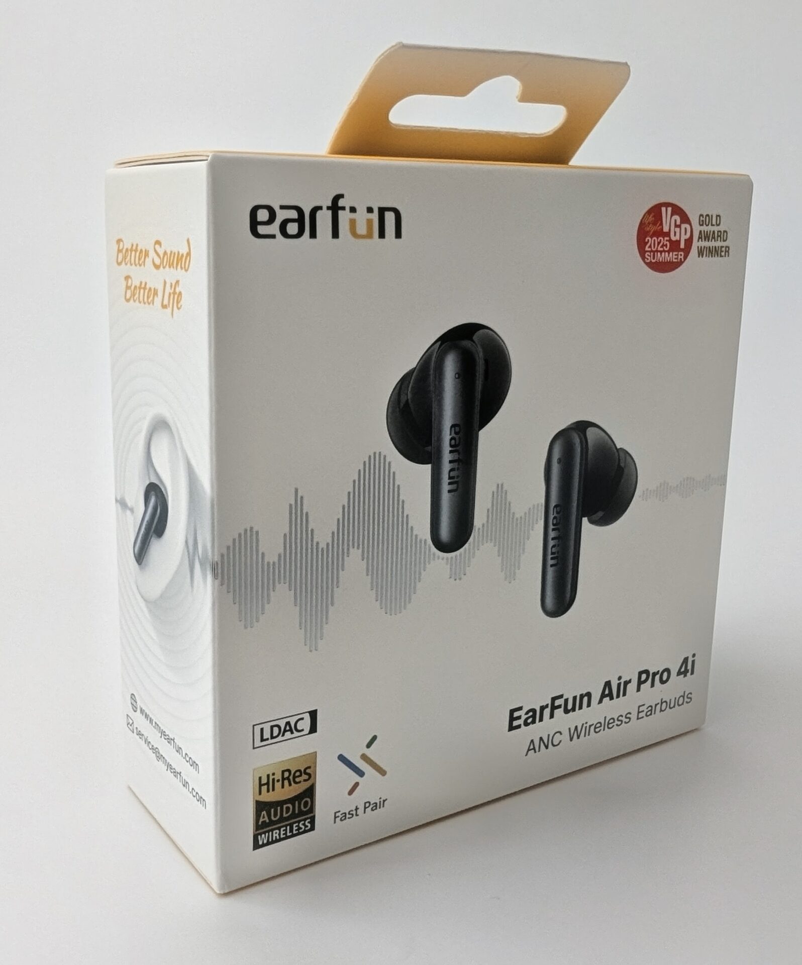 White retail box for EarFun Air Pro 4i ANC Wireless Earbuds. The front features two black wireless earbuds prominently displayed over a soundwave graphic. Text includes the brand name 'earfun', 'Better Sound Better Life', 'EarFun Air Pro 4i ANC Wireless Earbuds', LDAC and Hi-Res Audio Wireless logos, Fast Pair icon, and a red VGP 2025 Summer Gold Award Winner badge.