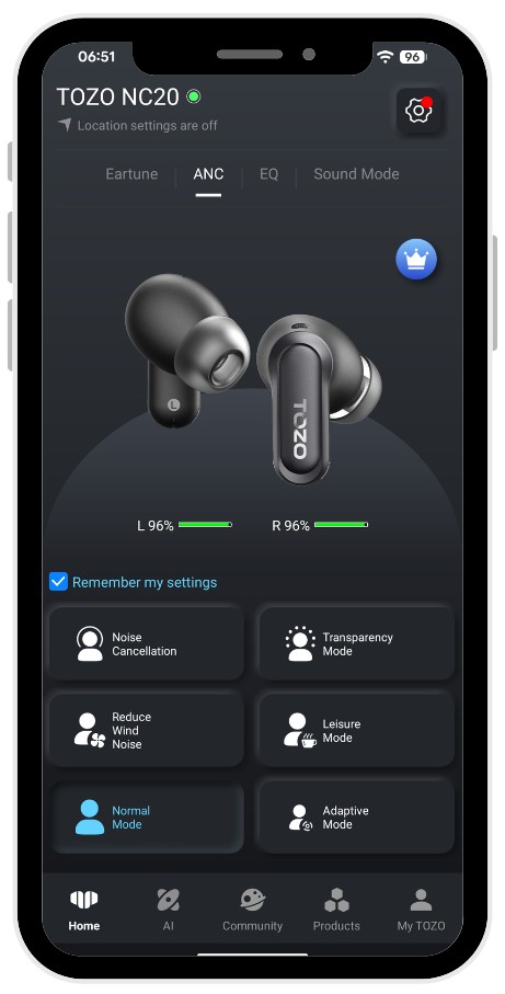 TOZO NC20 Earbuds Smartphone screen displaying the TOZO mobile app for NC20 earbuds. The interface shows the ANC tab active, a 3D rendering of the black earbuds in the center, with both left and right earbuds at 96% battery. Visible settings include Noise Cancellation, Transparency Mode, Reduce Wind Noise, Leisure Mode, Normal Mode (selected), and Adaptive Mode. The app header reads 'TOZO NC20' with location services off.