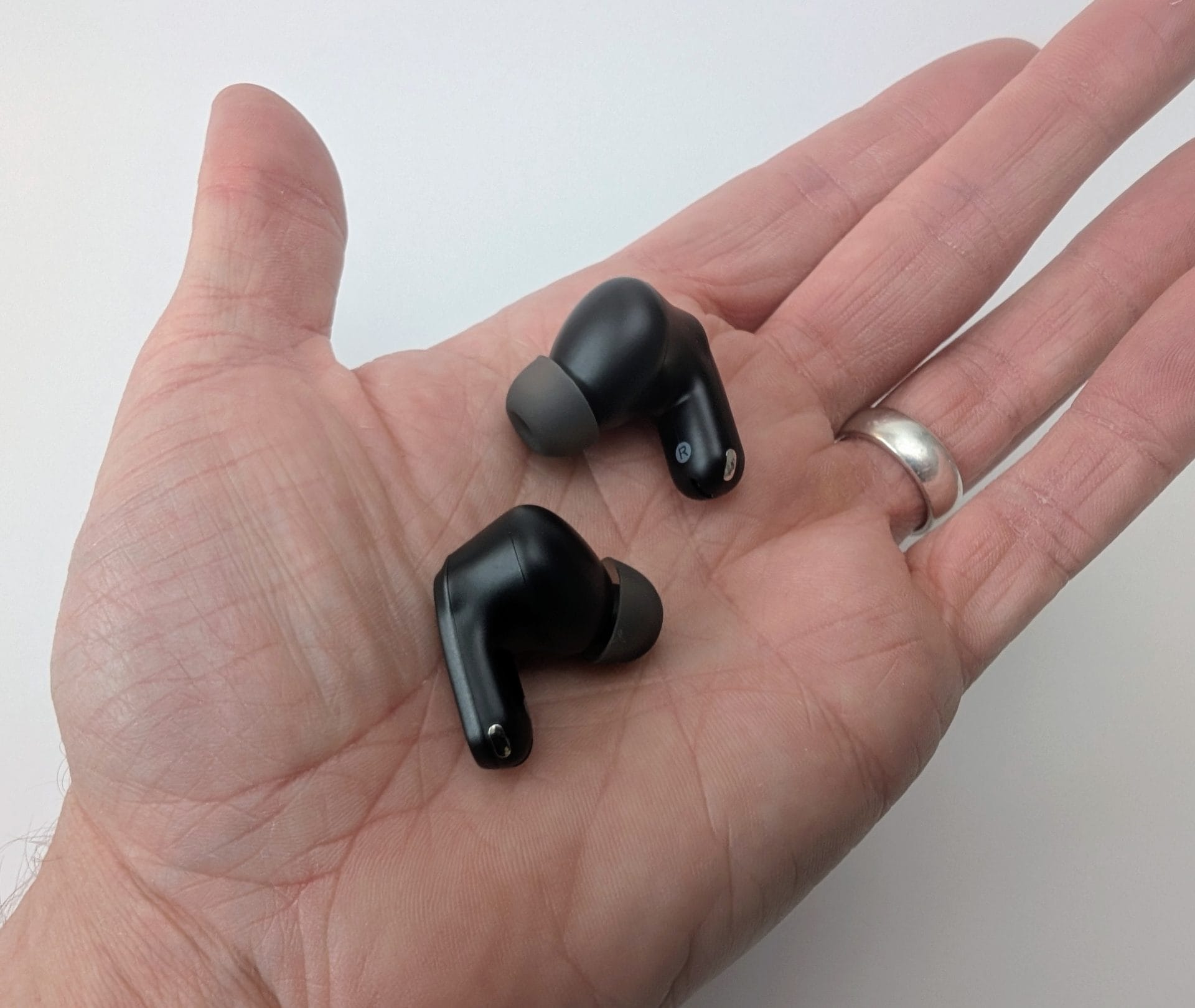 TOZO NC20 Earbuds Human hand holding two black TOZO NC20 wireless earbuds in an open palm. The earbuds feature a sleek matte black finish with silicone ear tips, and the right earbud clearly shows the 'R' marking.