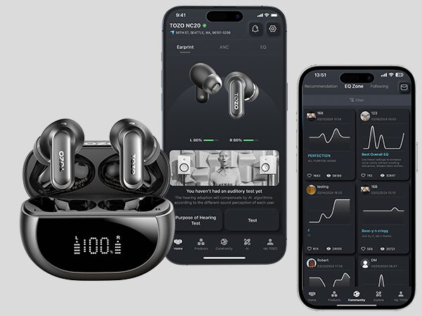 TOZO NC20 Earbuds Promotional product image for TOZO NC20 wireless earbuds. On the left is an open black charging case with both earbuds inside, showing 'L 100% R' on the digital display. In the center and right are two smartphone screens displaying the TOZO app interface, featuring earbud status, EQ customization with sound wave graphs, and various audio settings.