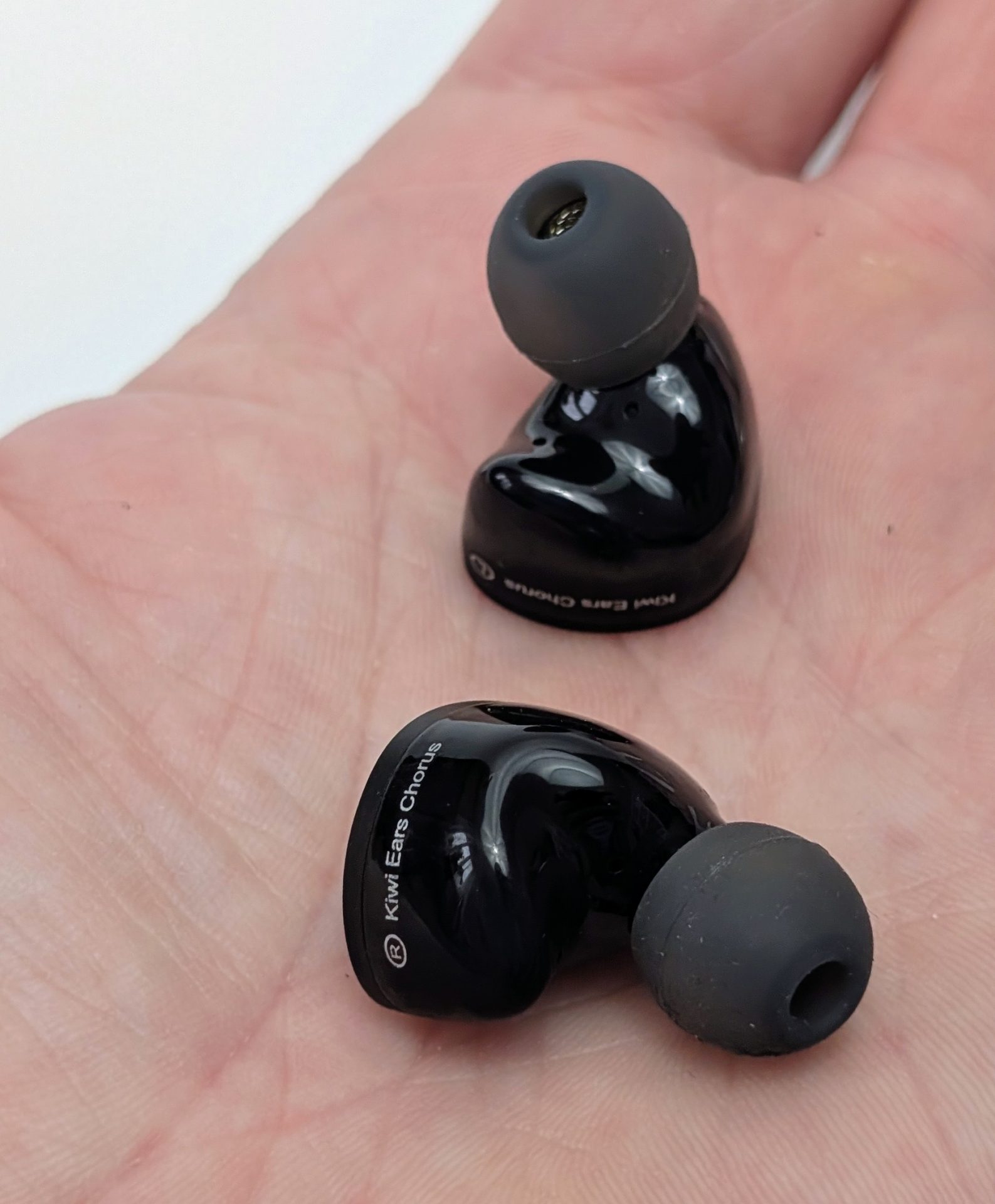 Kiwi Ears Chorus Pair of glossy black Kiwi Ears Chorus in-ear monitors resting in an open palm, each fitted with a dark gray silicone ear tip; white “Kiwi Ears Chorus” branding is visible on the shells.
